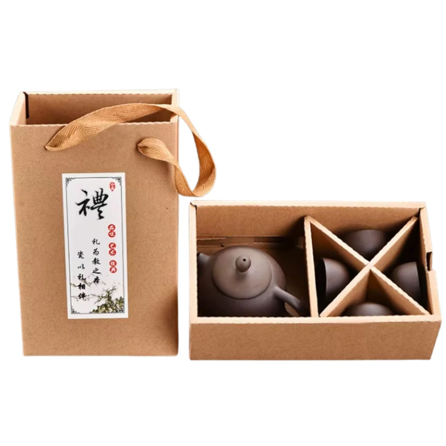 Keramik Teeset mit 4 Tassen – Handgefertigtes Kung-Fu-Teeset in Geschenkverpackung Braun