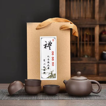 Keramik Teeset mit 4 Tassen – Handgefertigtes Kung-Fu-Teeset in Geschenkverpackung Braun