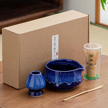 Japanisches traditionelles Matcha Starter Set – Basic Edition | Matcha Schale aus Keramik mit Bambusbesen, Besenhalter & Bambuslöffel