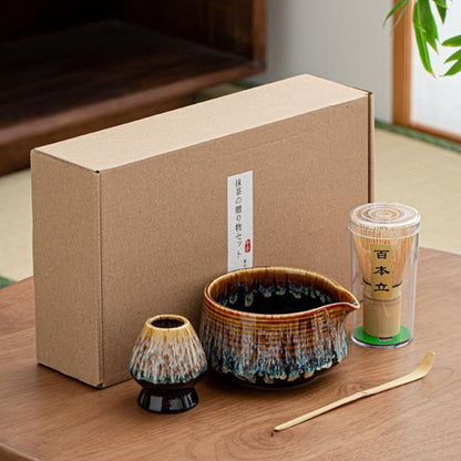 Japanisches traditionelles Matcha Starter Set – Basic Edition | Matcha Schale aus Keramik mit Bambusbesen, Besenhalter & Bambuslöffel