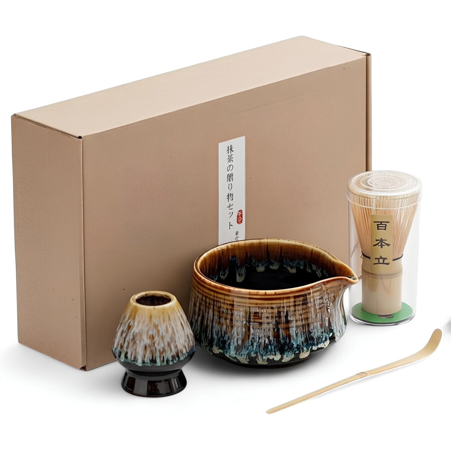 Japanisches traditionelles Matcha Starter Set – Basic Edition | Matcha Schale aus Keramik mit Bambusbesen, Besenhalter & Bambuslöffel