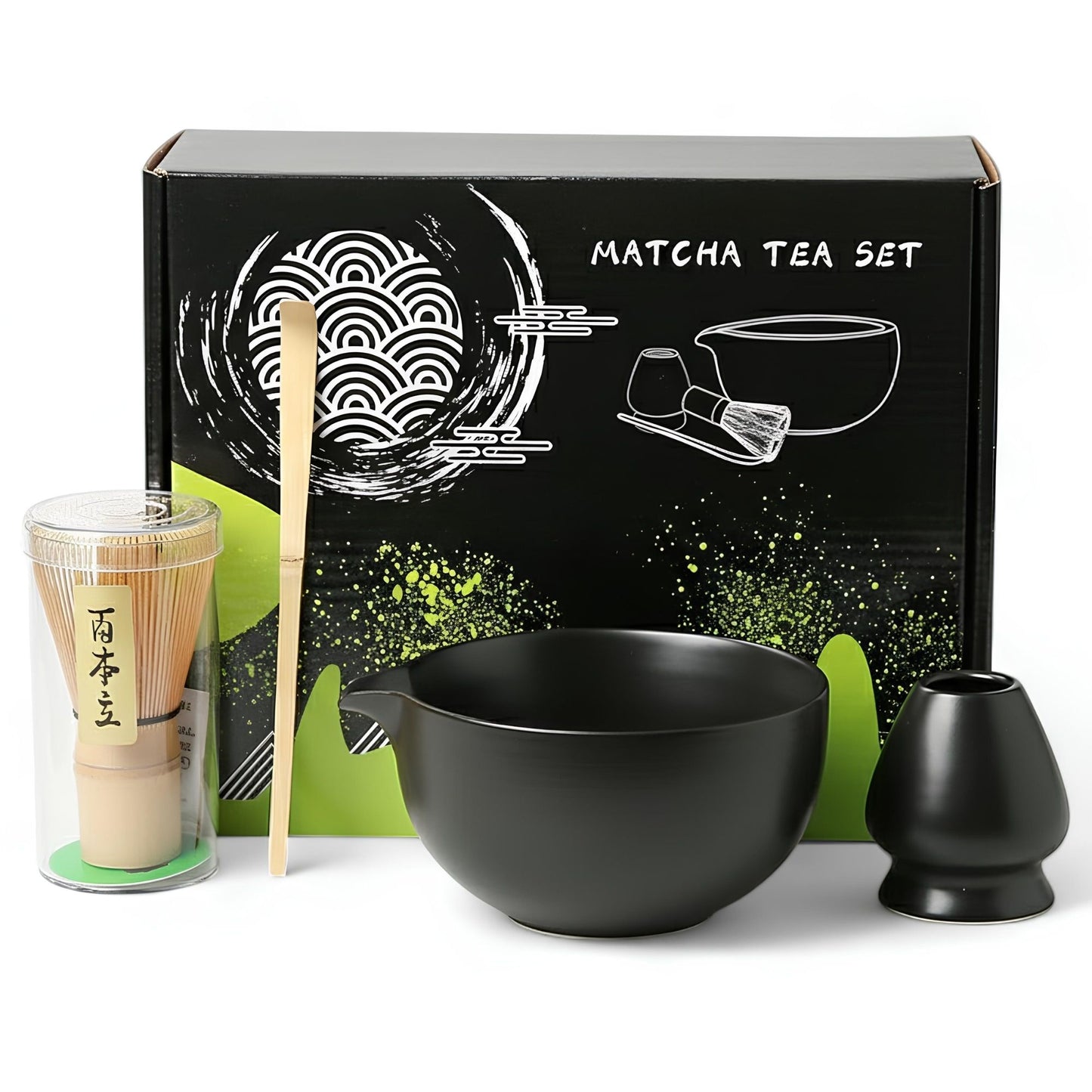 Japanisches traditionelles Matcha Starter Set – Basic Edition | Matcha Schale aus Keramik mit Bambusbesen, Besenhalter & Bambuslöffel