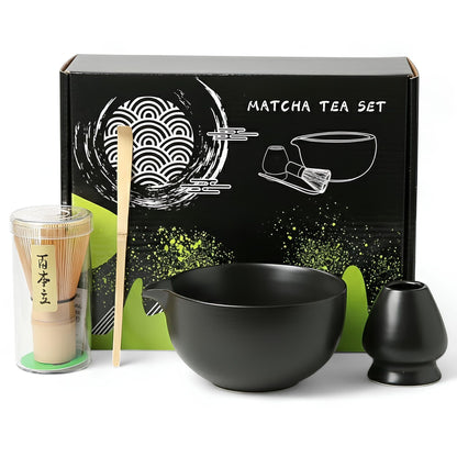 Japanisches traditionelles Matcha Starter Set – Basic Edition | Matcha Schale aus Keramik mit Bambusbesen, Besenhalter & Bambuslöffel