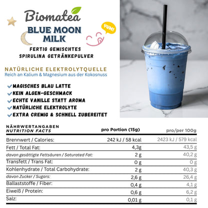 Biomatea Blue Moon Milk Vanille Latte – Blue Spirulina Latte Mix mit Kokosmilch & echter Vanille, 100g Dose