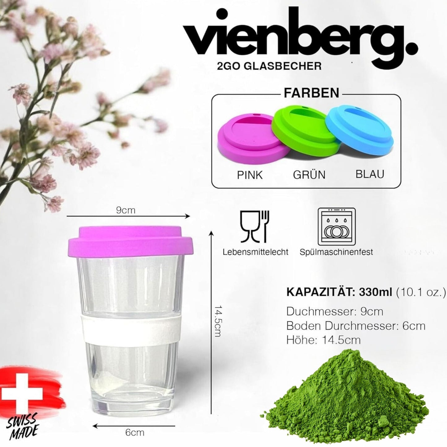 Swiss made Matcha 2 go Glas-Becher mit 50g ceremonial Matcha Pulver aus Kagoshima Japan