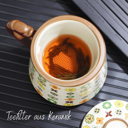 Qinghua Floral Pattern Keramik Teetasse, 450 ml, mit Keramik Teesieb & Deckel