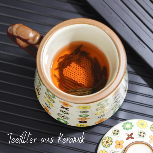 Qinghua Floral Pattern Keramik Teetasse, 450 ml, mit Keramik Teesieb & Deckel