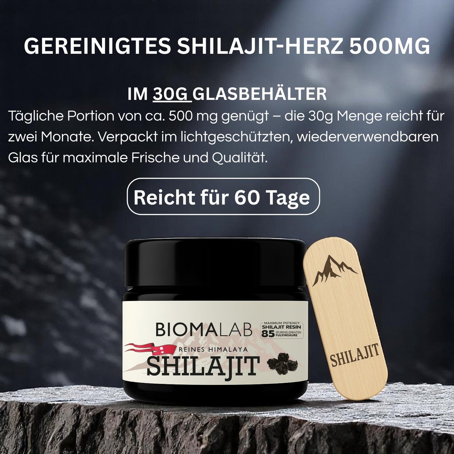 Shilajit Harz – aus Himalaya – 30g Glas – Mit 85+ Spurenelementen & Fulvinsäure – Vegan, Labor geprüft, ohne Zusätze, 60 Tage Vorrat Männer & Frauen