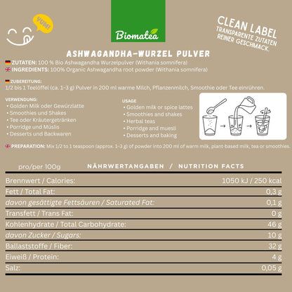 Bio Ashwagandha Wurzel Pulver | fein Gemahlen | Gewürze | Vegan
