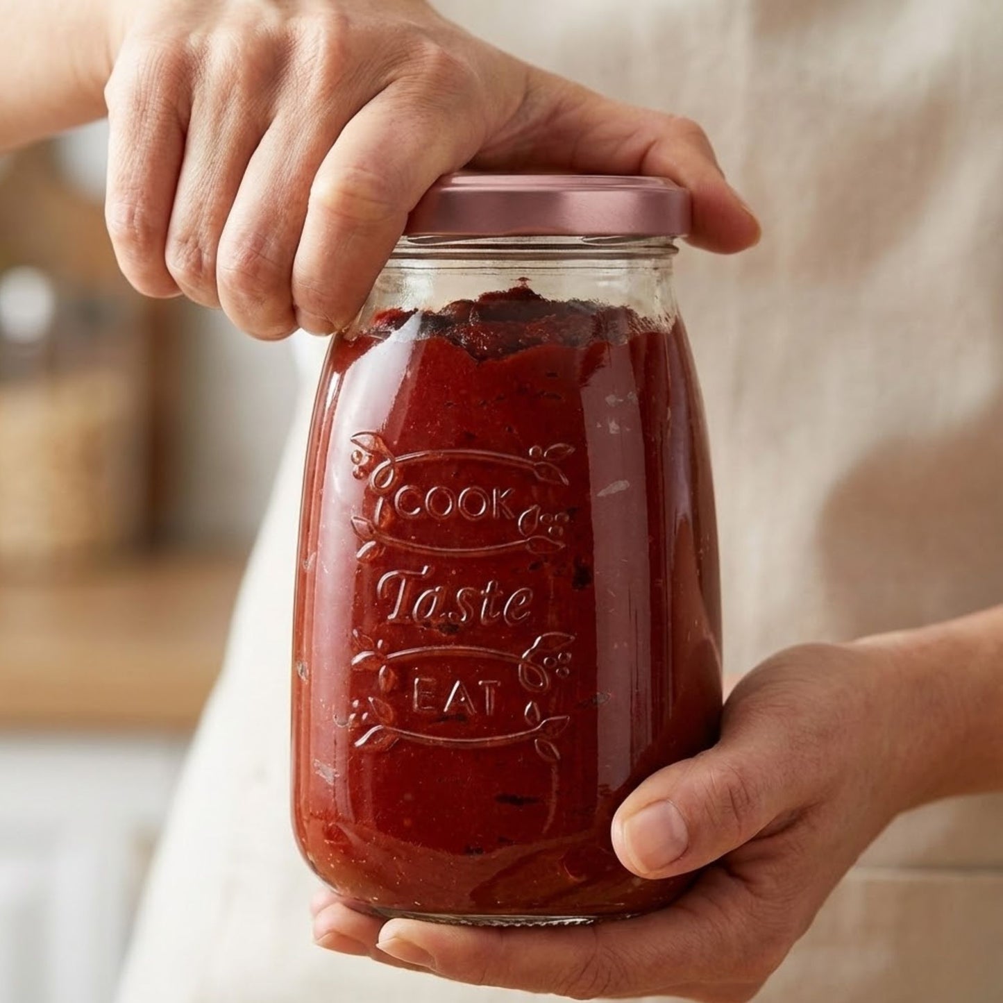 Tasty Design Vorratsgläser "Cook Taste Eat" (6er Set, 1050ml) – Eckige Einmachgläser mit Rosé-Deckel