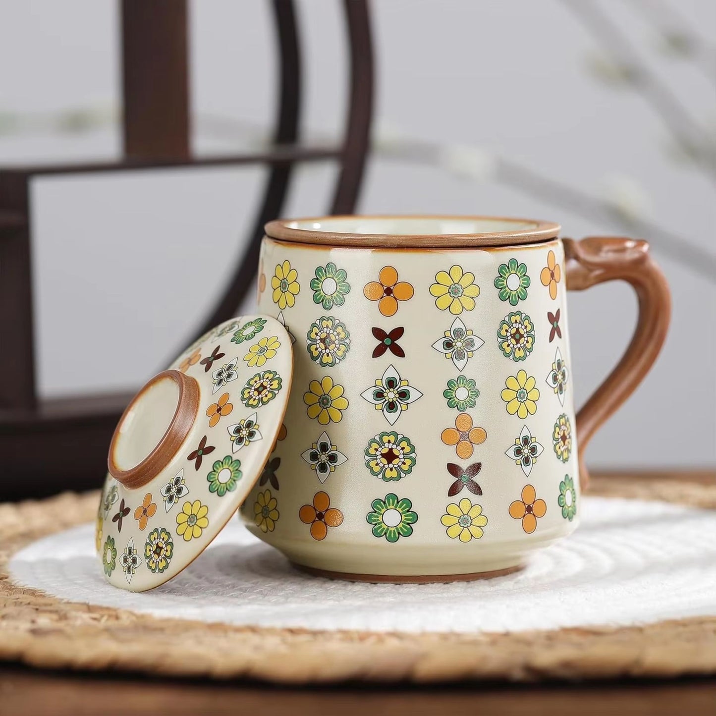 Qinghua Floral Pattern Keramik Teetasse, 450 ml, mit Keramik Teesieb & Deckel