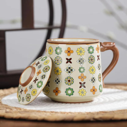 Qinghua Floral Pattern Keramik Teetasse, 450 ml, mit Keramik Teesieb & Deckel