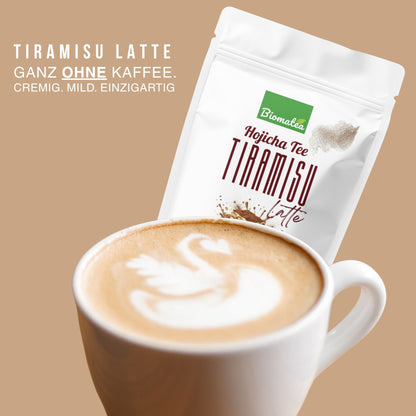 Biomatea Hojicha Tiramisu Latte Pulver – Cremiger Dessert Latte ohne Kaffee – Japanischer Hojicha Grüntee, vegan & glutenfrei, 140g