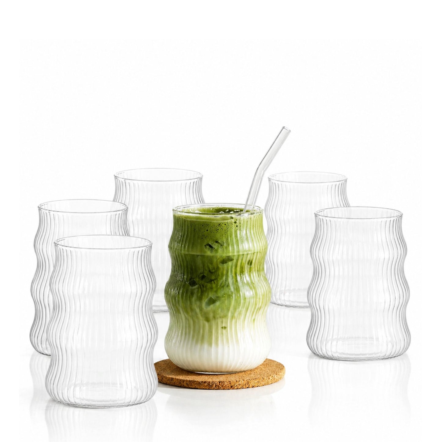 Ripple Matcha-Gläser 6er Set 400ml | Wellen-Design für Matcha Latte Glas, Iced Coffee & Smoothies Trinkgläser