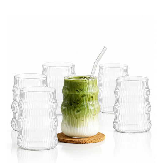 Ripple Matcha-Gläser 6er Set 400ml | Wellen-Design für Matcha Latte Glas, Iced Coffee & Smoothies Trinkgläser