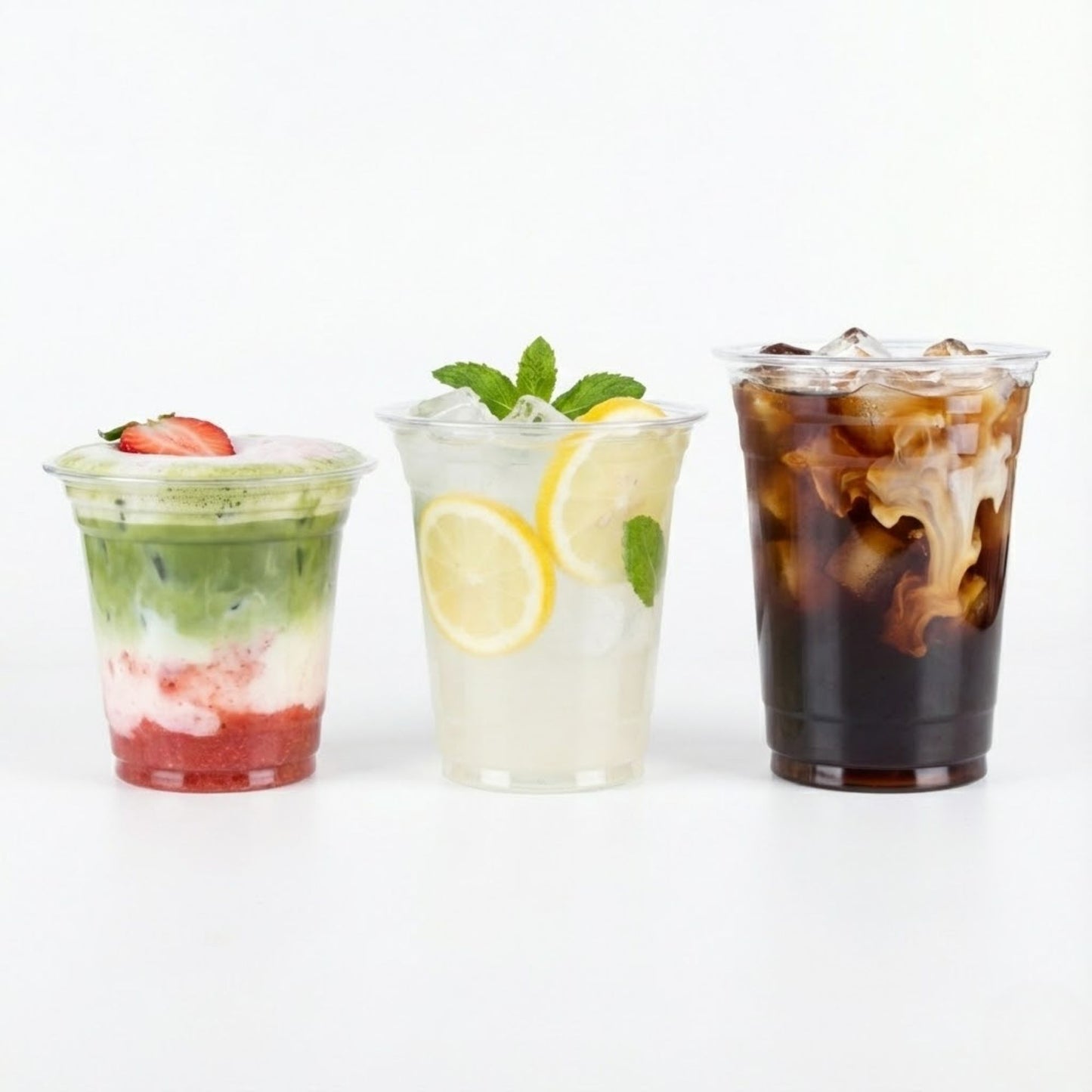 100 Stück Pet Becher mit Domdeckel für Matcha Latte, Dessert, Softdrink, Kaffee, to go Plastikbecher, | 360ml, 400ml, 500ml