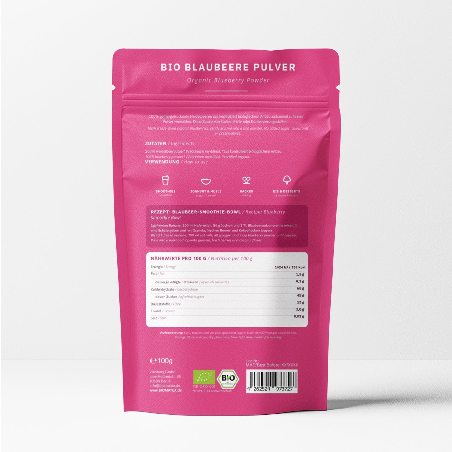 Bio Heidelbeerpulver 100g – Organic Blueberry Powder im Doypack, ohne Zusätze, ohne Zuckerzusatz