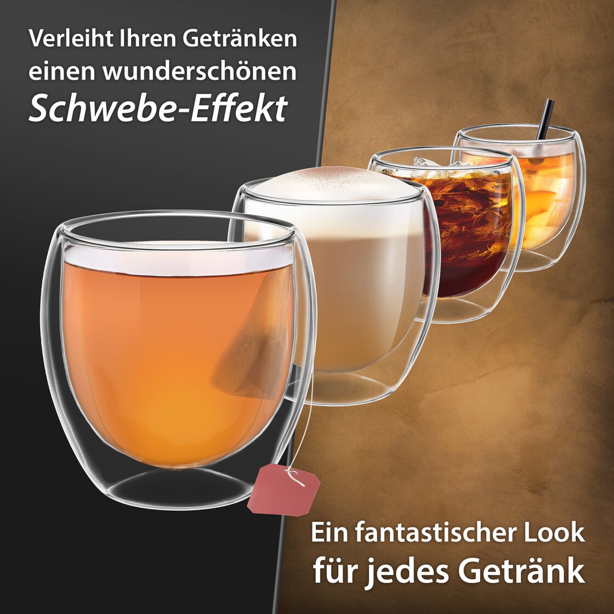 4x 250ml doppelwandige Latte Macchiato, Tee Gläser mit Schwebeeffekt