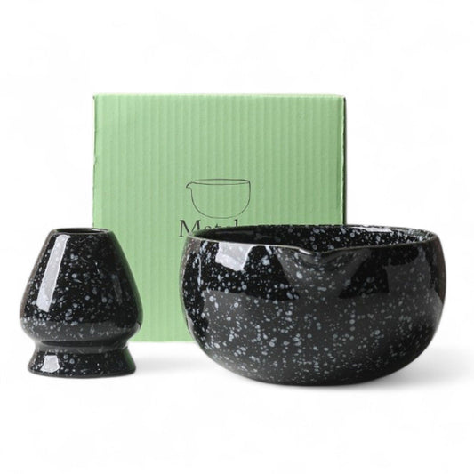 2-teiliges Keramik Matcha Schalen Set Basic | Matcha Schale (500 ml) & Bambusbesen Chasen-Halter, Schwarz