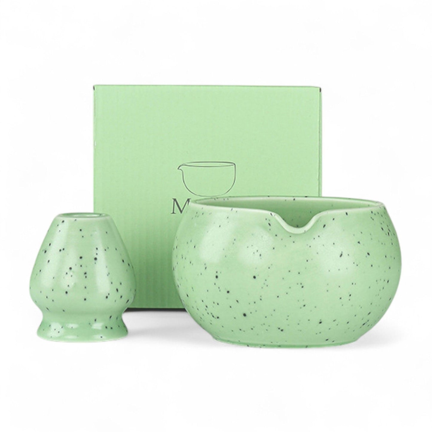 2-teiliges Keramik Matcha Schalen Set Basic | Matcha Schale (500 ml) & Bambusbesen Chasen-Halter, Grün