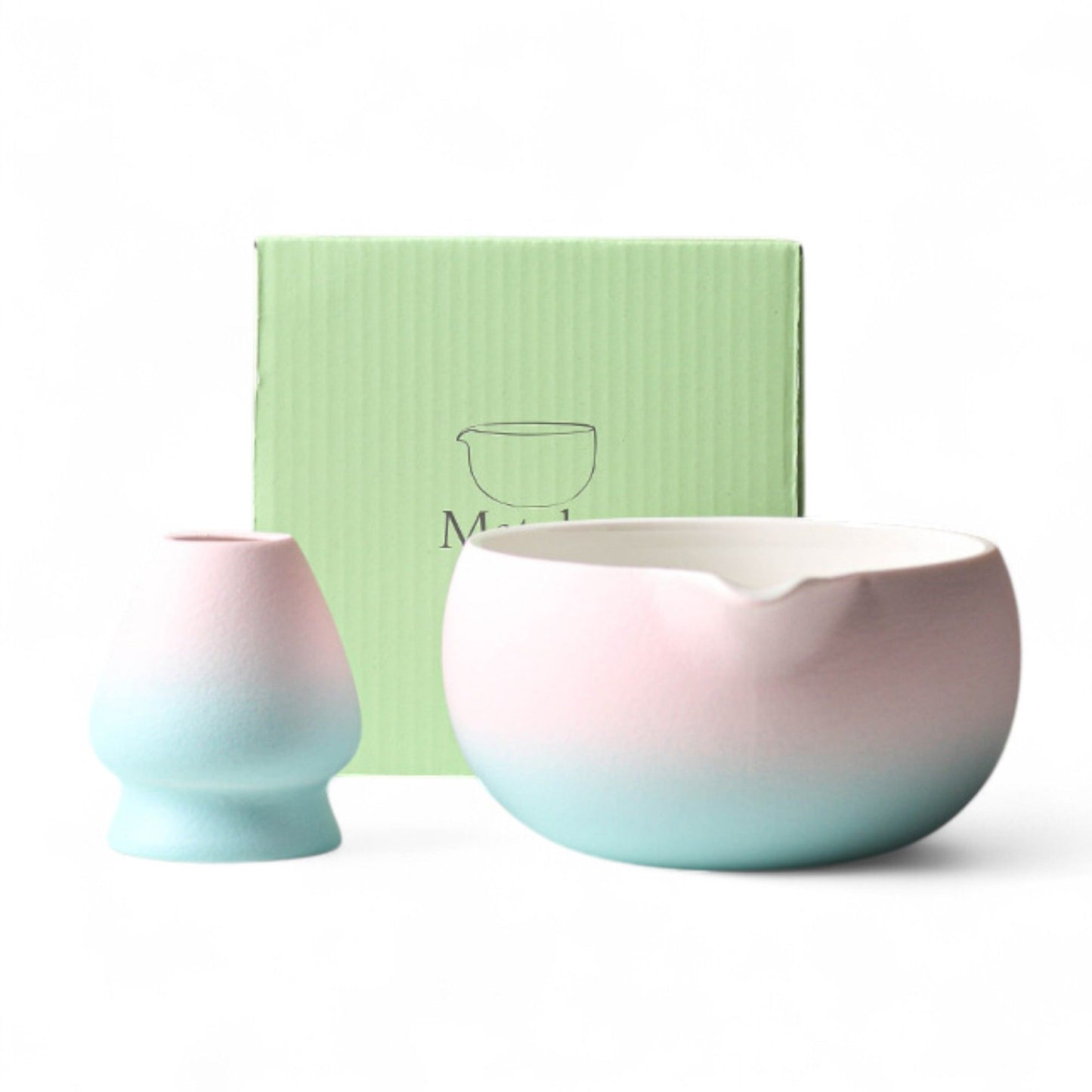 2-teiliges Keramik Matcha Schalen Set Basic | Matcha Schale (500 ml) & Bambusbesen Chasen-Halter, Blau-Rosa
