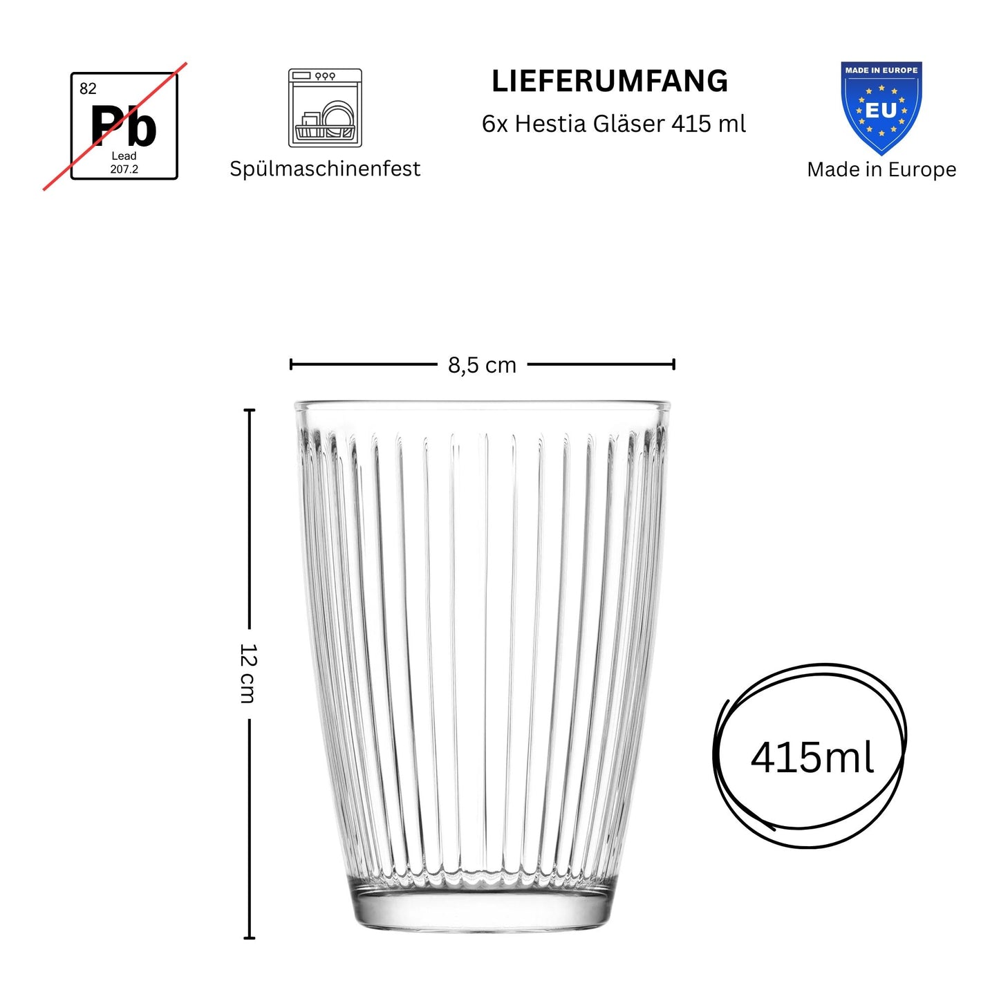 Premium Matcha, Longdrink-Gläser (6er Set) – Massiv & Innen-Geriffelt 415ml