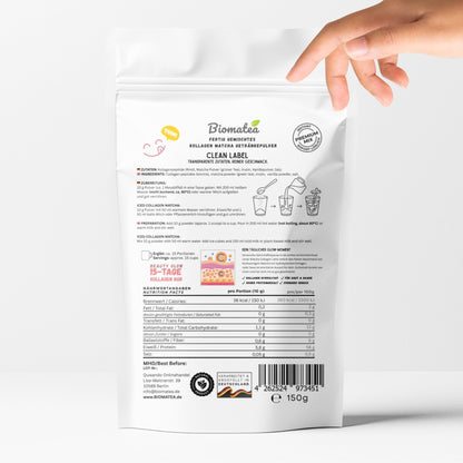 Biomatea Ceremonial Matcha Collagen Latte Pulver 150g 33% Japanischer Matcha und 58% Kollagen Hydrolysat Klumpfrei und leicht löslich, ohne Zuckerzusatz