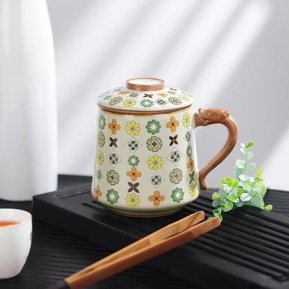 Qinghua Floral Pattern Keramik Teetasse, 450 ml, mit Keramik Teesieb & Deckel