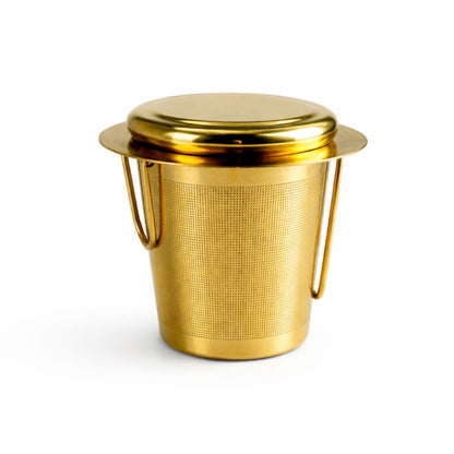 Edelstahl Teesieb Gold mit Deckel & Tee-Löffel | Feinmaschiger Dauerfilter für Tassen