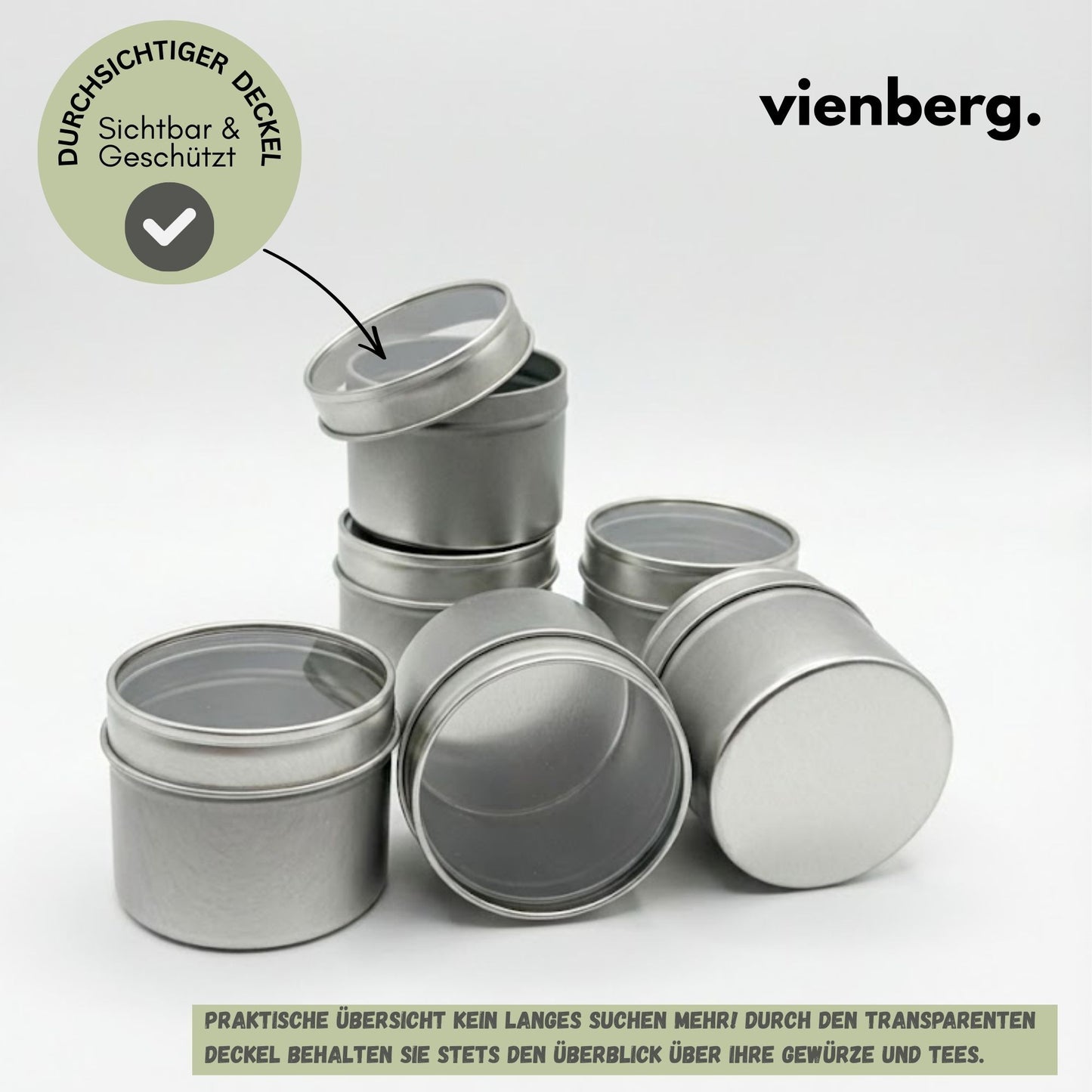 Universal Aufbewahrungsbox mit 6 Innendosen & Sichtfenster Deckel, für Tee, Kaffee & Backzutaten, Gewürze –Ordnungsbox & Organizer – Teedose leere Metalldosen Silber