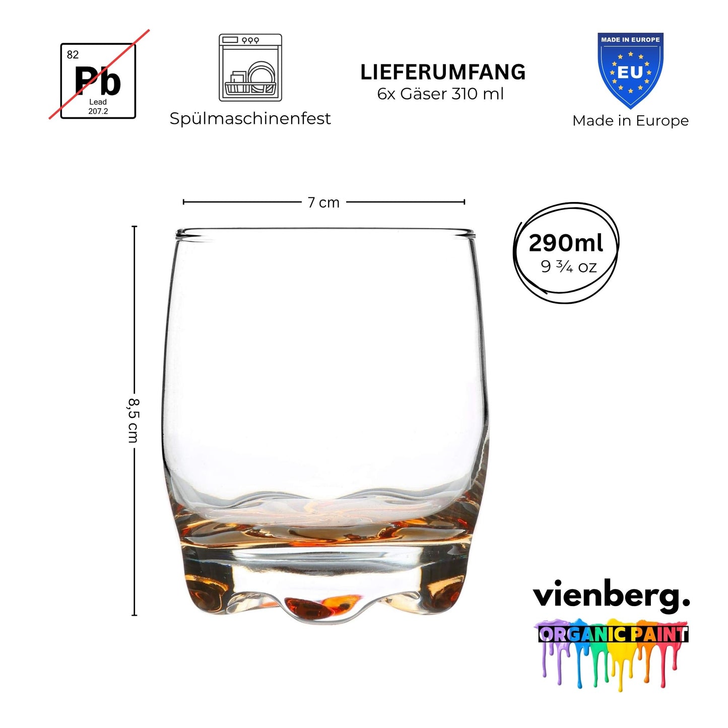 Coral Trinkgläser 6er Set, 290 ml, bunte Wassergläser aus Glas, farbiger Boden, bleifrei