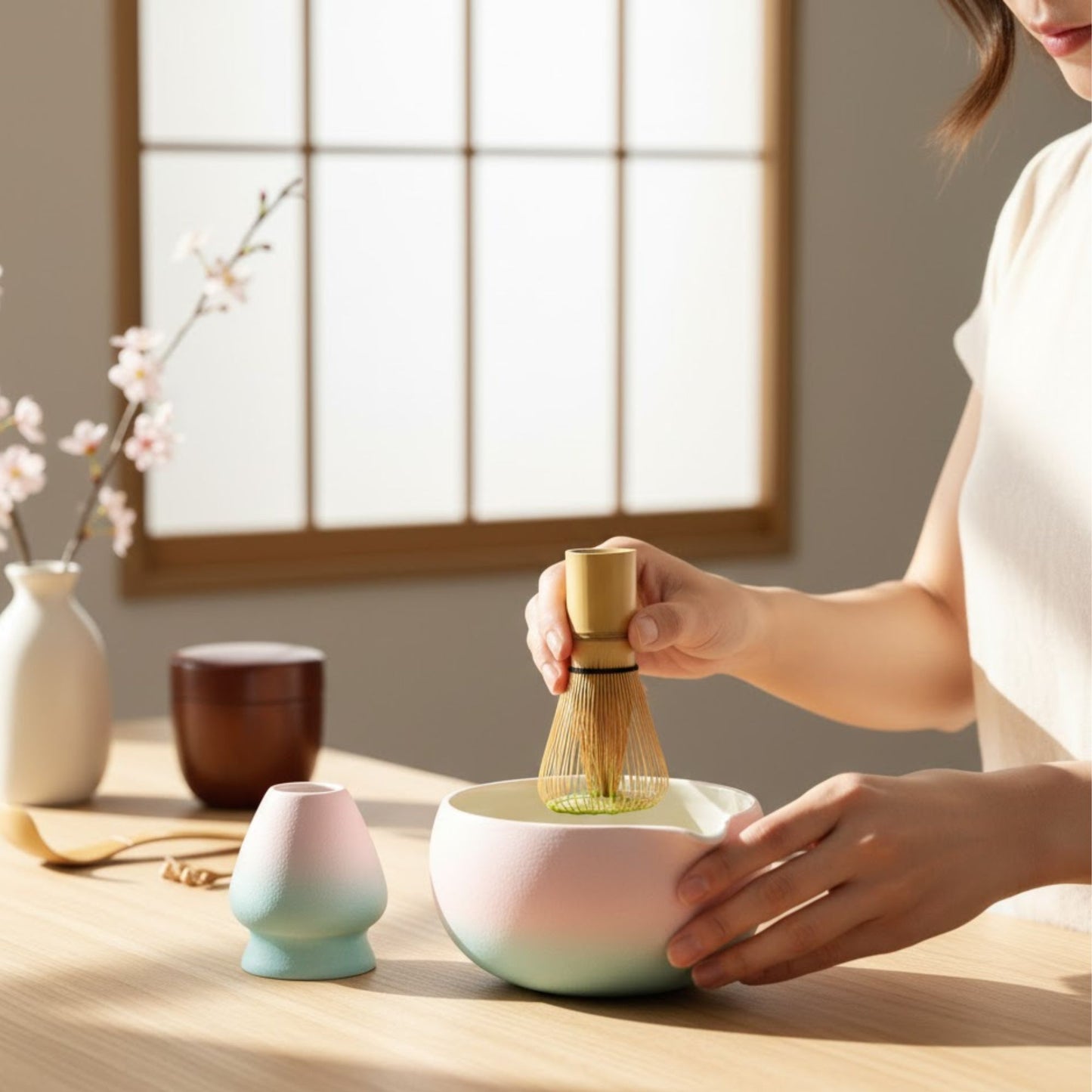 2-teiliges Keramik Matcha Schalen Set Basic | Matcha Schale (500 ml) & Bambusbesen Chasen-Halter, Blau-Rosa