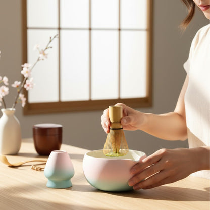 2-teiliges Keramik Matcha Schalen Set Basic | Matcha Schale (500 ml) & Bambusbesen Chasen-Halter, Blau-Rosa