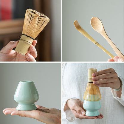 4-teiliges Bambus Tee-Set mit Matcha-Besen, Löffel, Chashaku & Halterung | Traditionelles japanisches Zubehör für cremigen Matcha