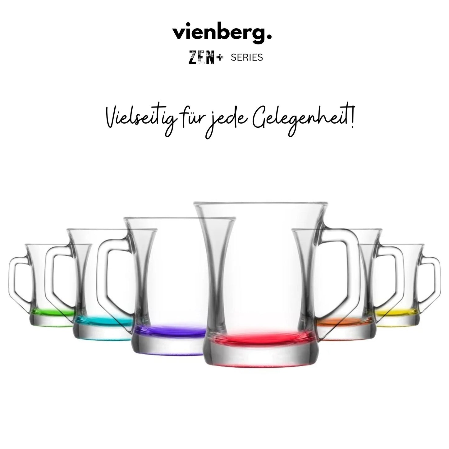 ZEN+ Bunte Gläser mit Henkel (6er Set) – Gehärtetes Glas & 6 Farben 225ml