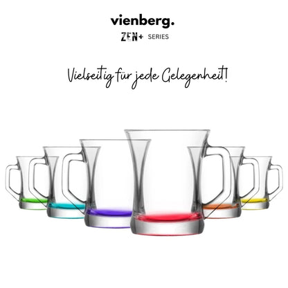 ZEN+ Bunte Gläser mit Henkel (6er Set) – Gehärtetes Glas & 6 Farben 225ml