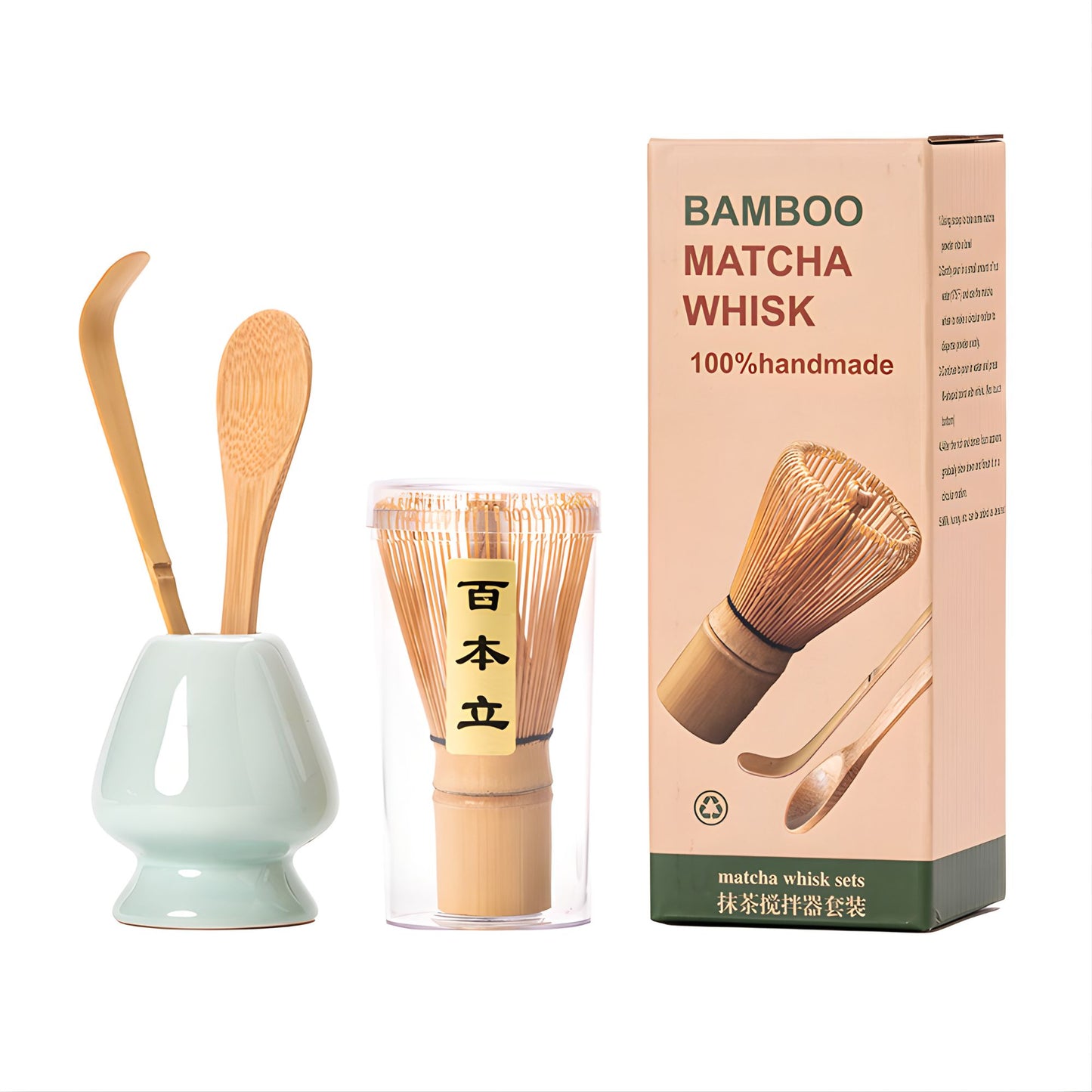 4-teiliges Bambus Tee-Set mit Matcha-Besen, Löffel, Chashaku & Halterung | Traditionelles japanisches Zubehör für cremigen Matcha