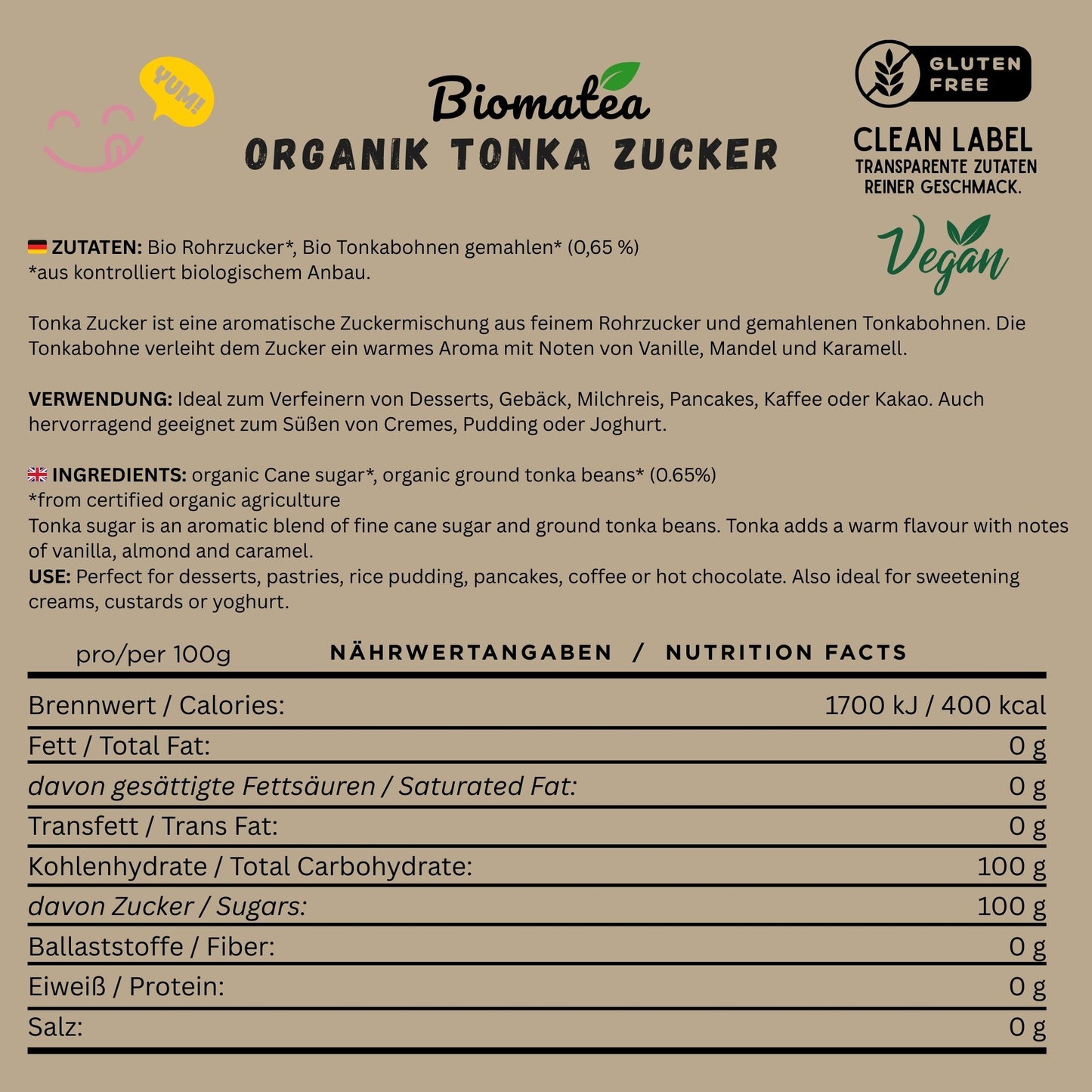 Bio Tonka Zucker 175 g – Aromatischer Tonkabohnen Zucker – Feiner Duft nach Vanille & Mandel, organik Tonkazucker