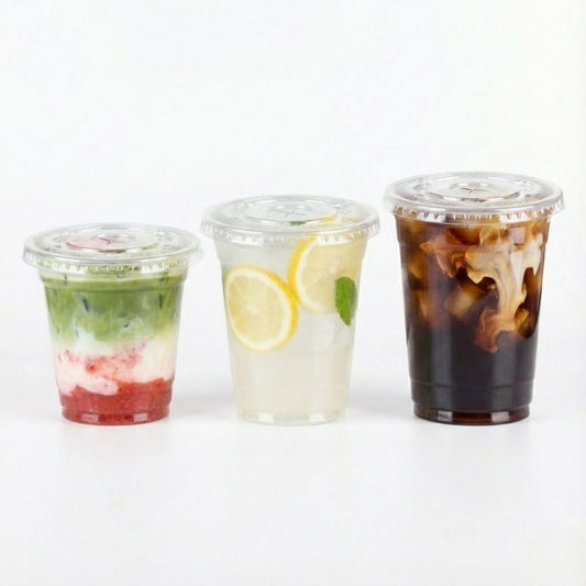 100 Stück Pet Becher mit Flachdeckel für Matcha Latte, Dessert, Softdrink, Kaffee, to go Plastikbecher, | 360ml, 400ml, 500ml