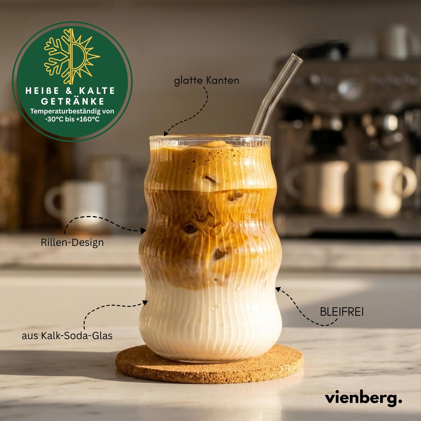 Ripple Matcha-Gläser 6er Set 400ml | Wellen-Design für Matcha Latte Glas, Iced Coffee & Smoothies Trinkgläser