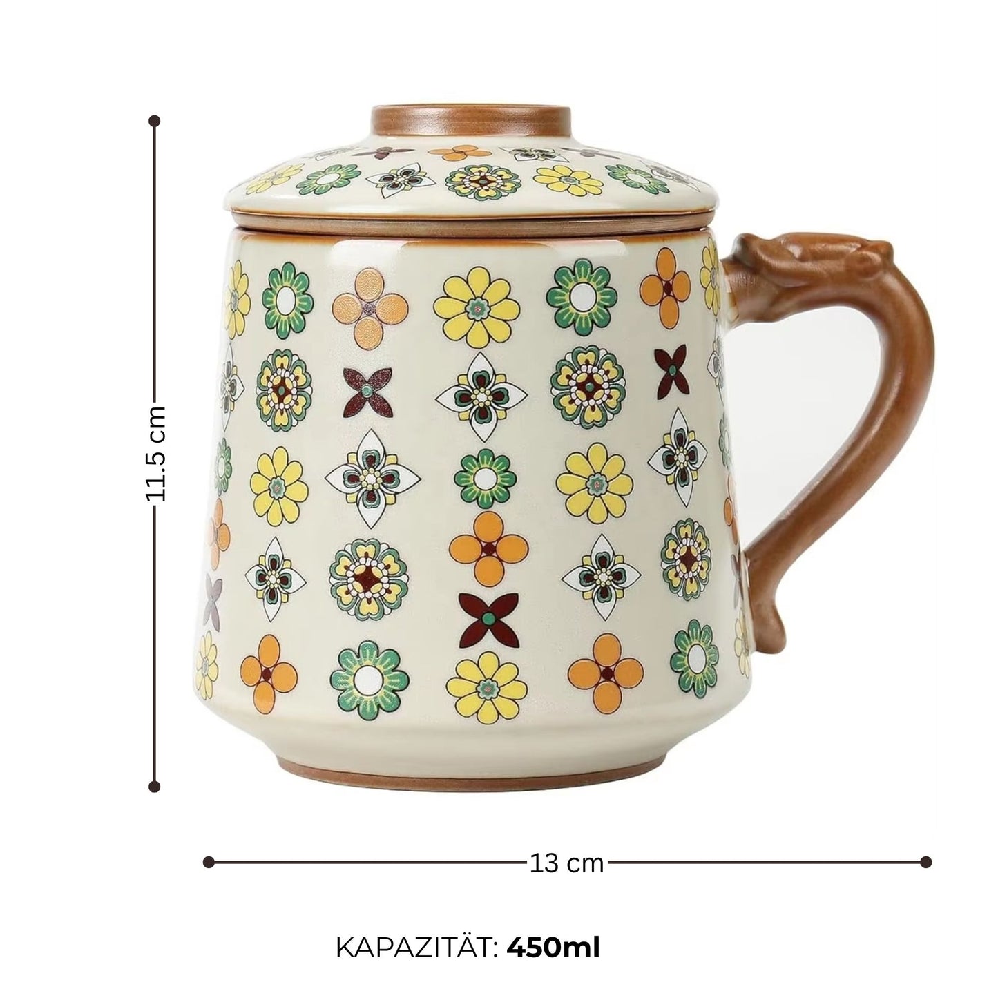 Qinghua Floral Pattern Keramik Teetasse, 450 ml, mit Keramik Teesieb & Deckel