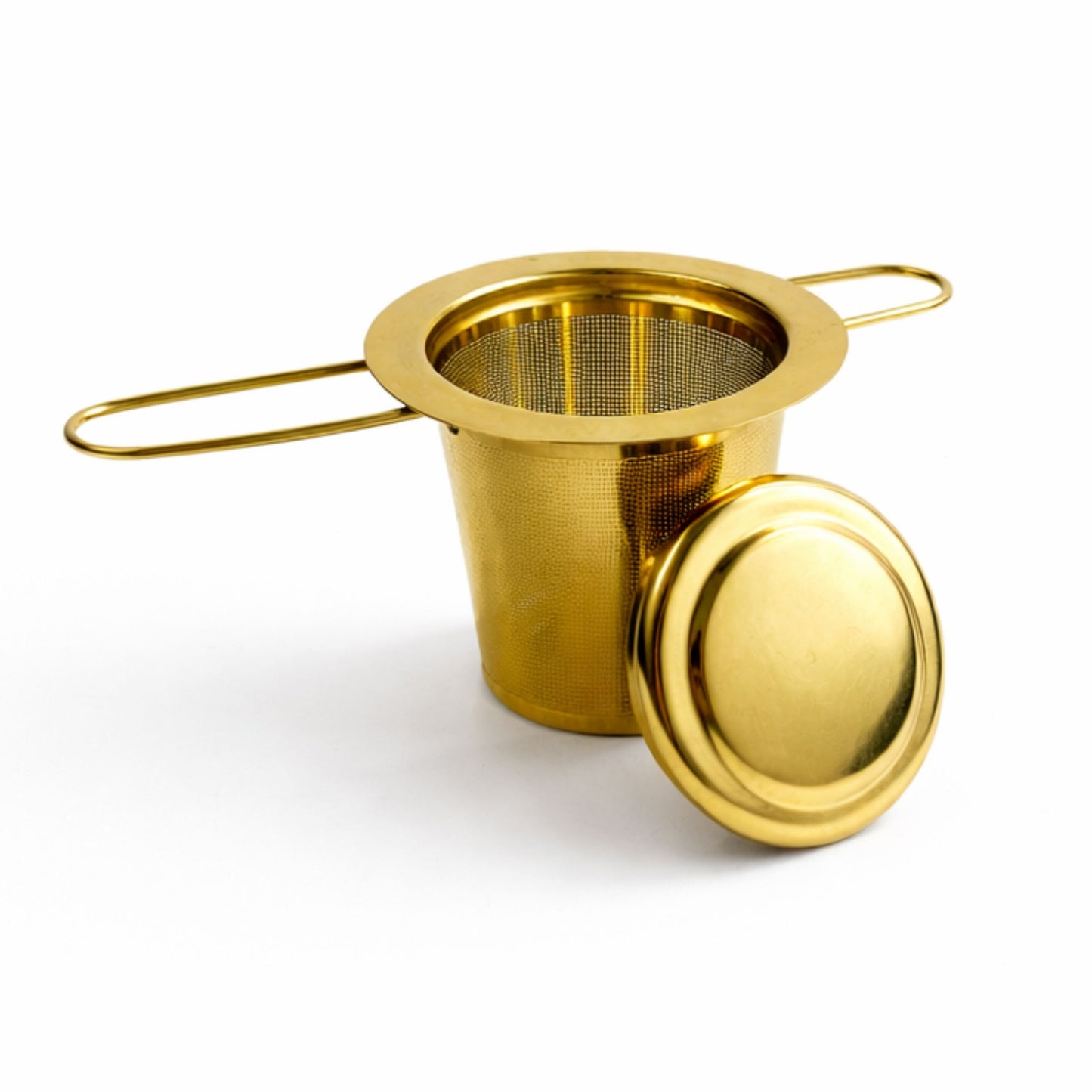 Edelstahl Teesieb Gold mit Deckel & Tee-Löffel | Feinmaschiger Dauerfilter für Tassen