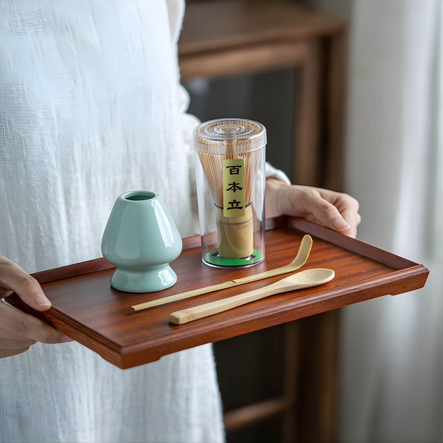 4-teiliges Bambus Tee-Set mit Matcha-Besen, Löffel, Chashaku & Halterung | Traditionelles japanisches Zubehör für cremigen Matcha