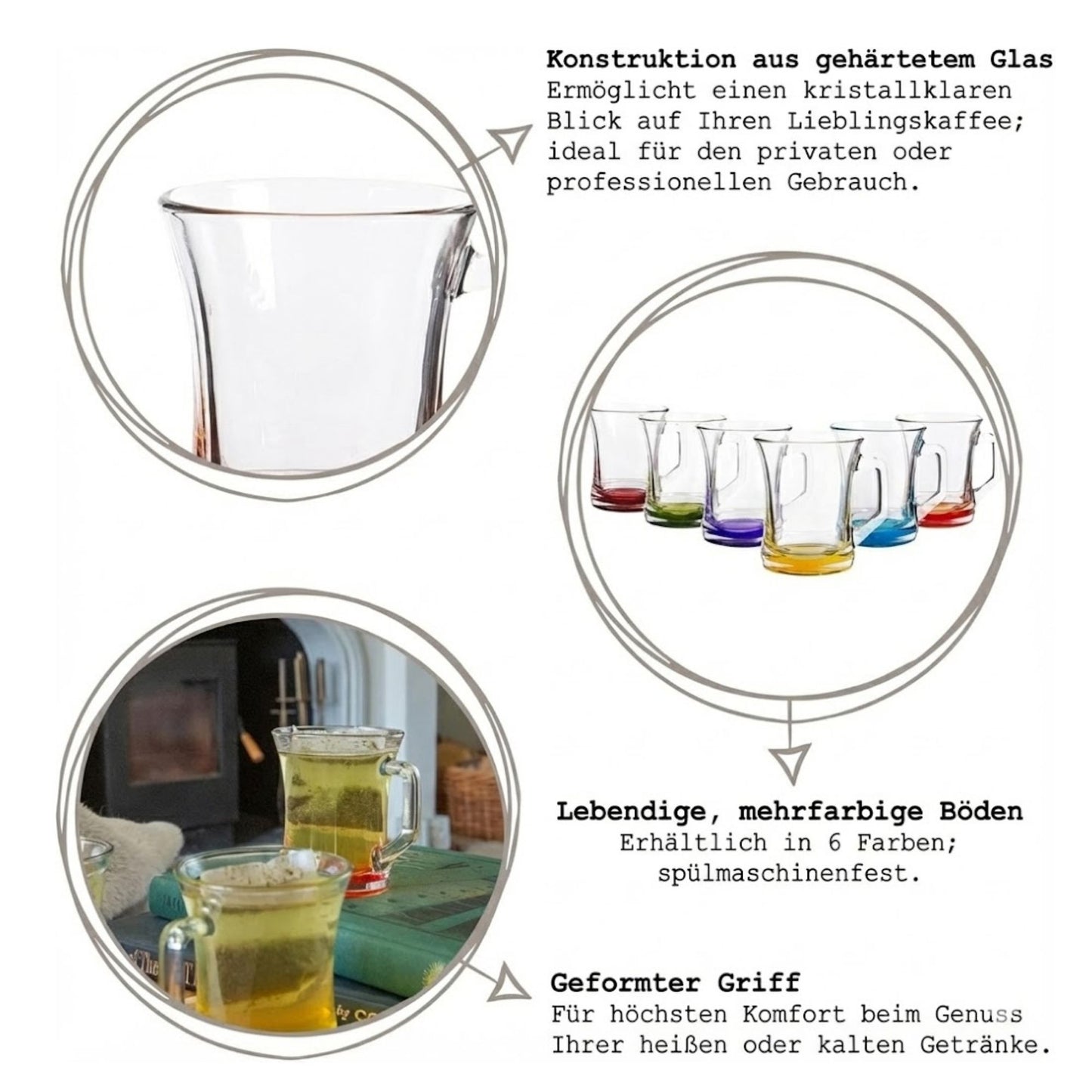 ZEN+ Bunte Gläser mit Henkel (6er Set) – Gehärtetes Glas & 6 Farben 225ml