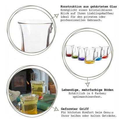 ZEN+ Bunte Gläser mit Henkel (6er Set) – Gehärtetes Glas & 6 Farben 225ml