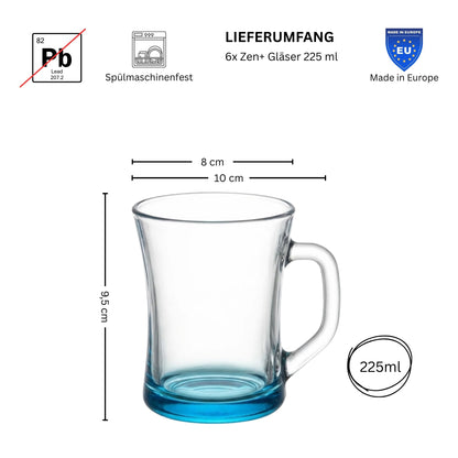 ZEN+ Bunte Gläser mit Henkel (6er Set) – Gehärtetes Glas & 6 Farben 225ml