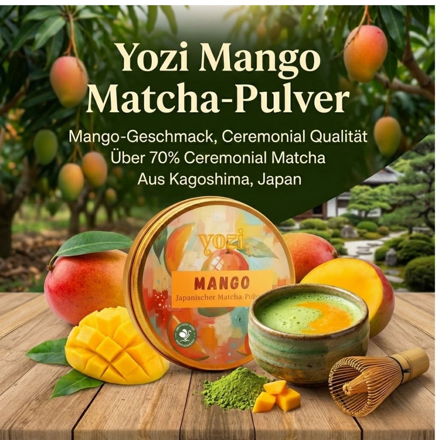 Ceremonial japanischer Matcha Tee Pulver mit Mango Geschmack, 40g Dose