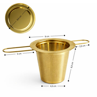 Edelstahl Teesieb Gold mit Deckel & Tee-Löffel | Feinmaschiger Dauerfilter für Tassen