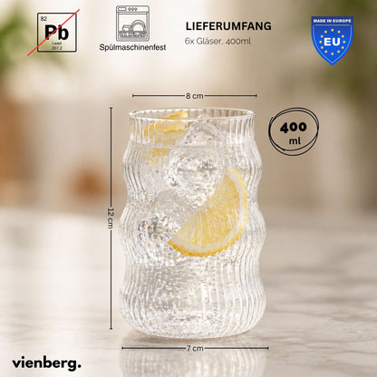 Ripple Matcha-Gläser 6er Set 400ml | Wellen-Design für Matcha Latte Glas, Iced Coffee & Smoothies Trinkgläser