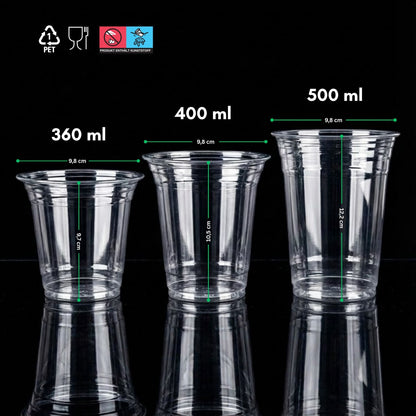 100 Stück Pet Becher mit Flachdeckel für Matcha Latte, Dessert, Softdrink, Kaffee, to go Plastikbecher, | 360ml, 400ml, 500ml